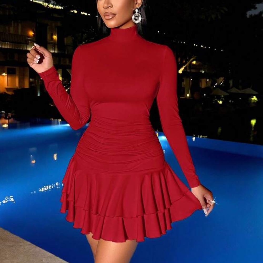 Commense Chic Red Long Sleeve Dress